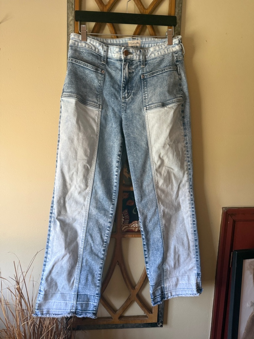 Two-Tone Light Blue Patchwork Straight Leg Jeans - Women